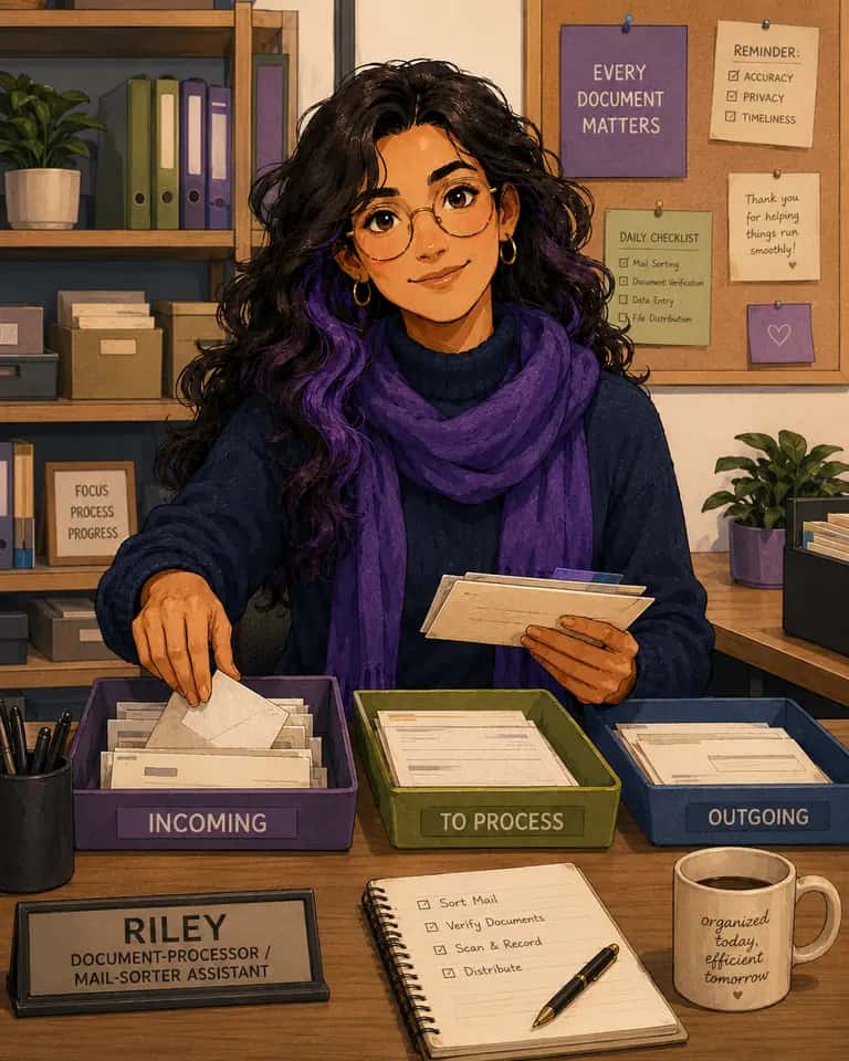 Riley sorting documents at her desk