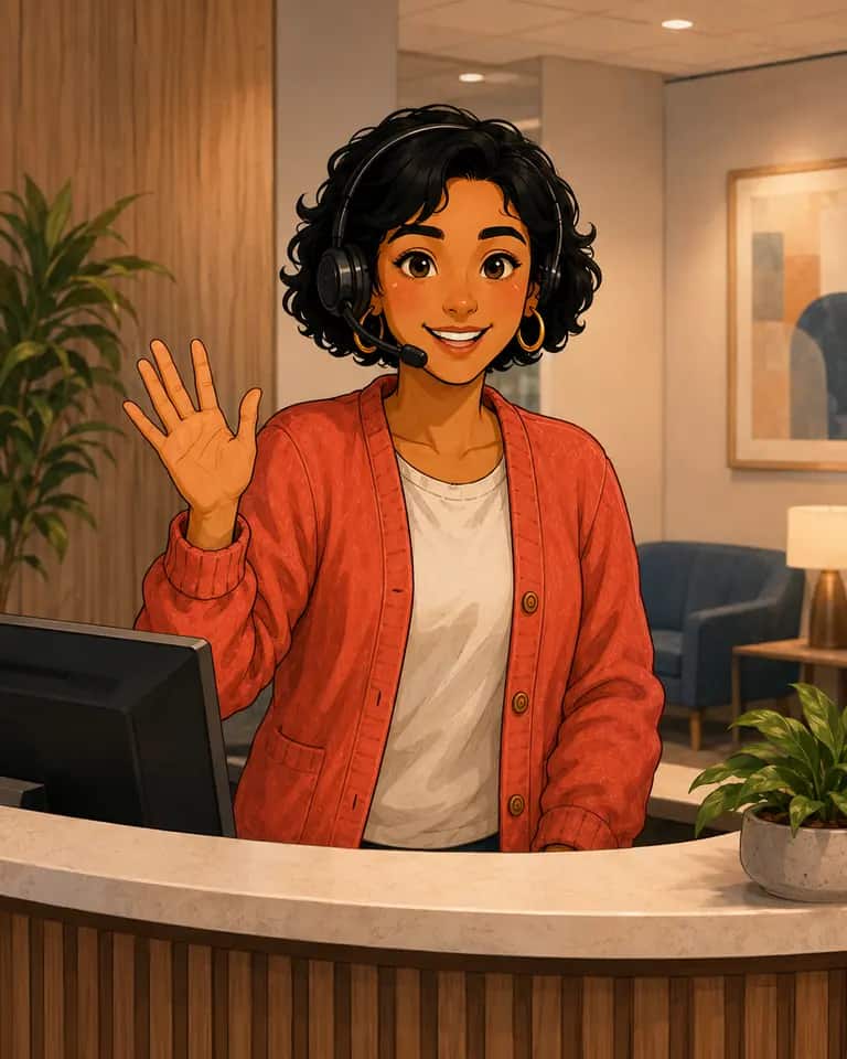Sam at the reception desk